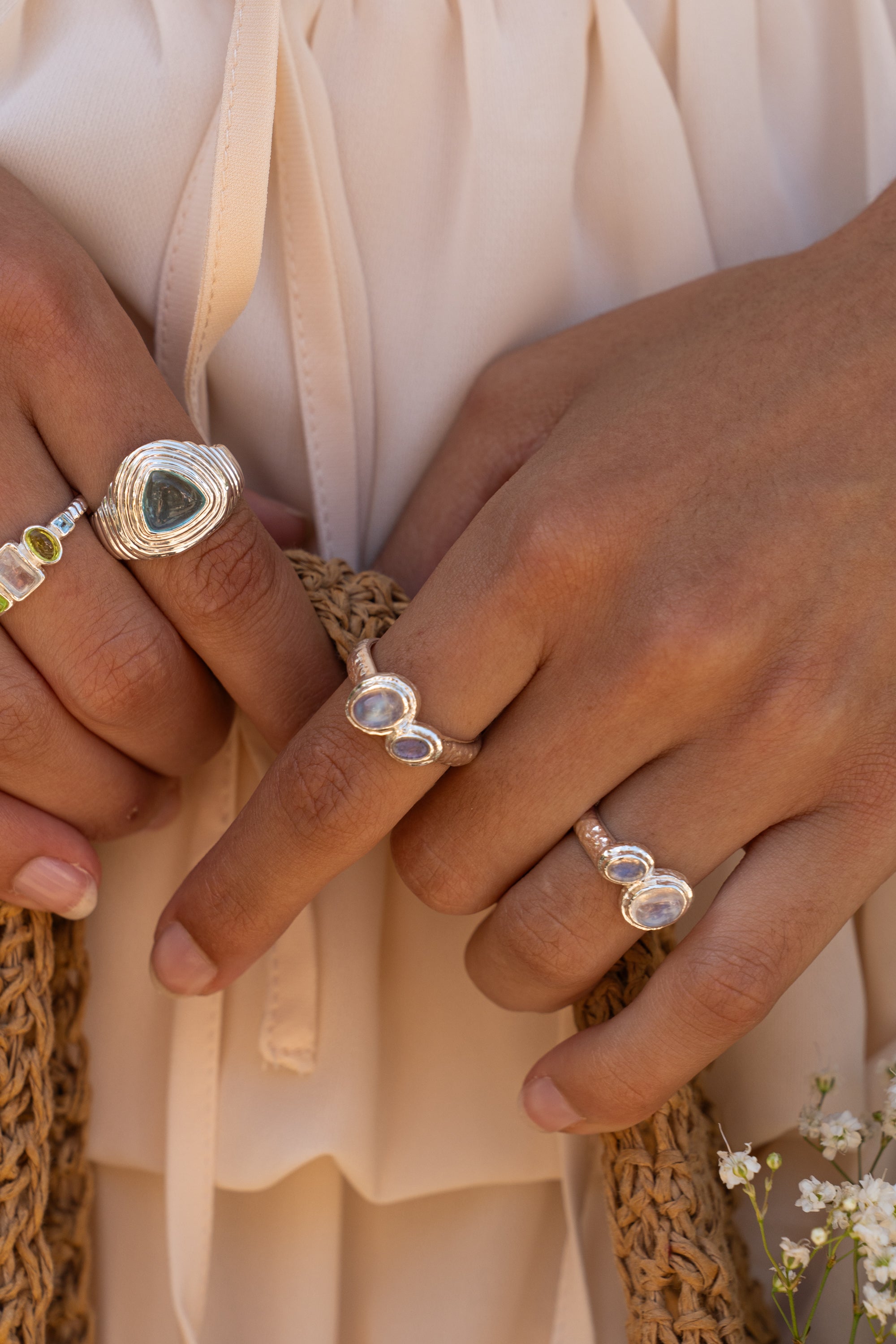 Handmade silver cocktail ring with Rainbow Moonstone and Labradorite detail — Mountain & Moon Chateau Soleil jewellery