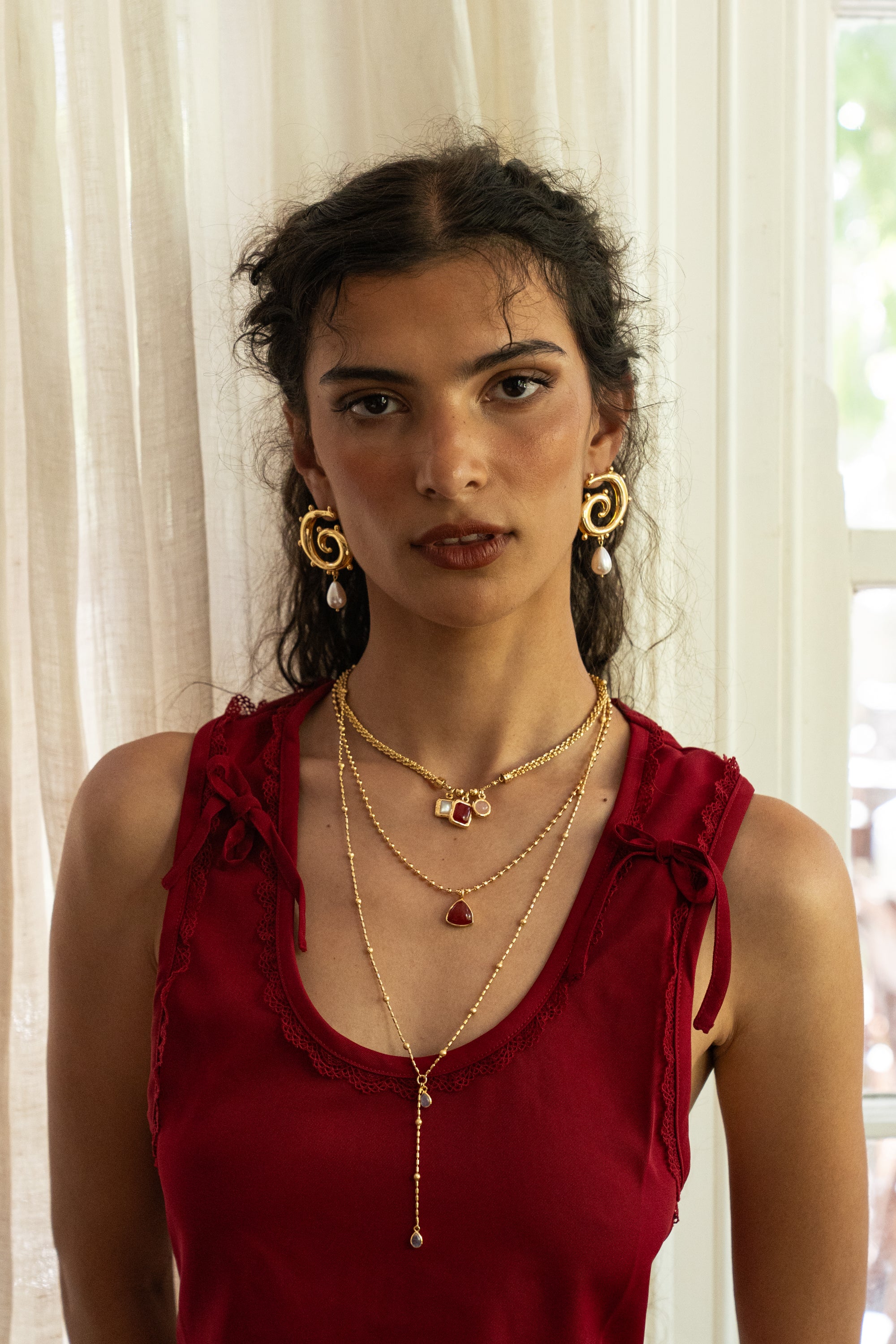 Gold swirled hoop earrings featuring Mother of Pearl, the Freya style — Mountain & Moon Chateau Soleil