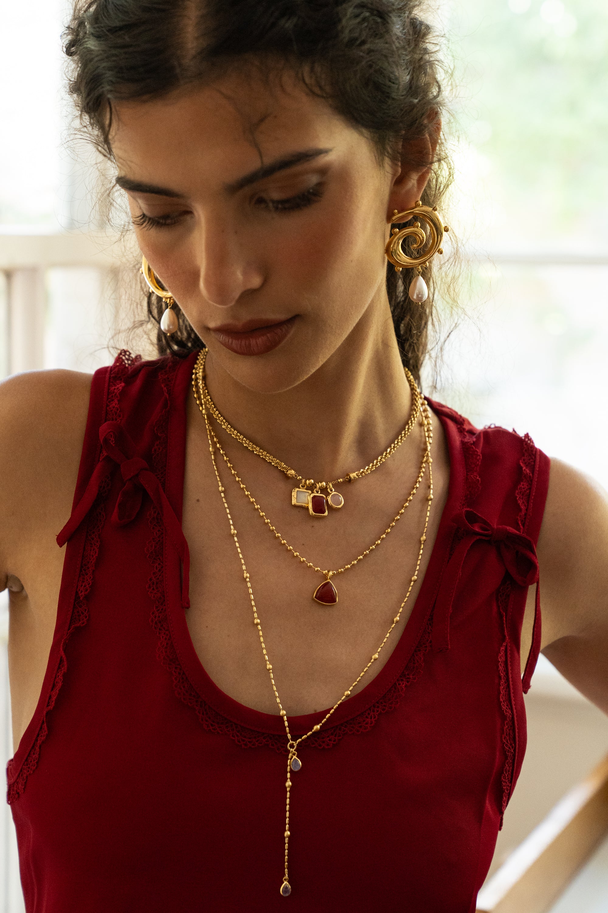 Handmade gold swirled hoop earrings with Mother of Pearl detail — Mountain & Moon Chateau Soleil jewellery