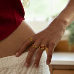 Handmade gold cocktail ring with Ruby Quartz and Pink Chalcedony detail — Mountain & Moon Chateau Soleil jewellery