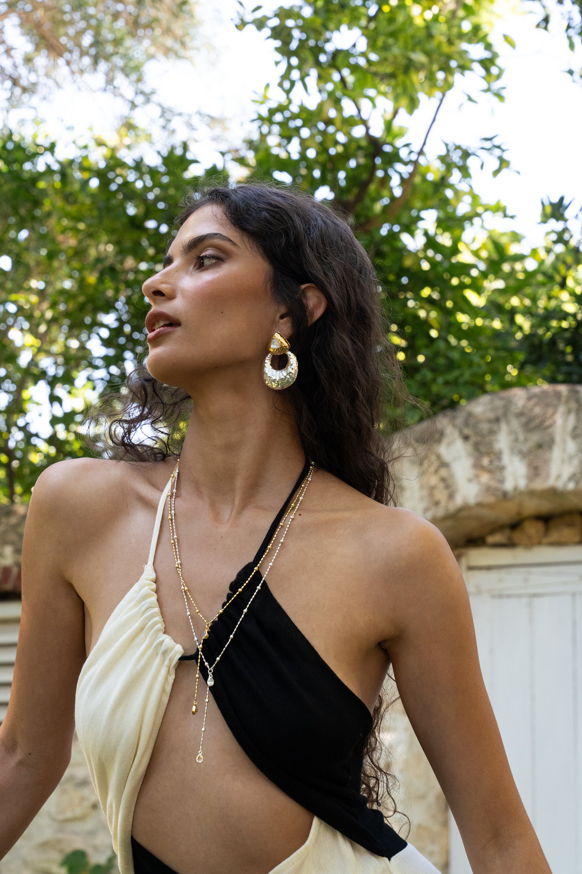 Handmade mixed metal two-tone hoop earrings with Mother of Pearl detail — Mountain & Moon Chateau Soleil jewellery