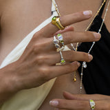 Lumi silver stacking ring with Rainbow Moonstone and Glass Peridot worn by model — Mountain & Moon Chateau Soleil collection