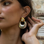 Soleil mixed metal two-tone hoop earrings with Mother of Pearl worn by model — Mountain & Moon Chateau Soleil collection