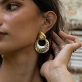 Soleil mixed metal two-tone hoop earrings with Mother of Pearl worn by model — Mountain & Moon Chateau Soleil collection