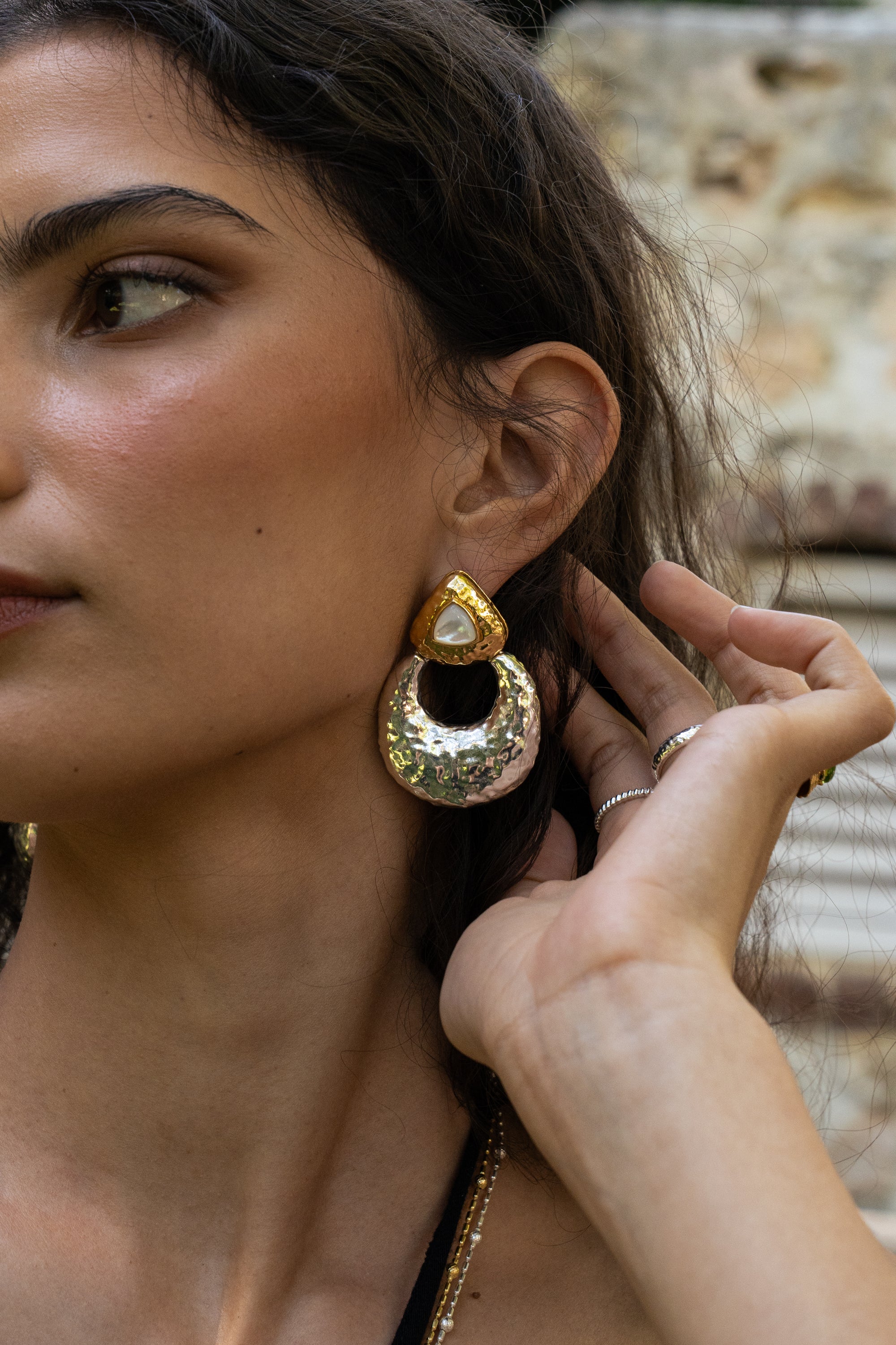 Soleil mixed metal two-tone hoop earrings with Mother of Pearl worn by model — Mountain & Moon Chateau Soleil collection