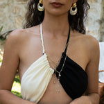 Soleil two-tone hoop earrings styled on model, Mother of Pearl in mixed metal — Mountain & Moon jewellery