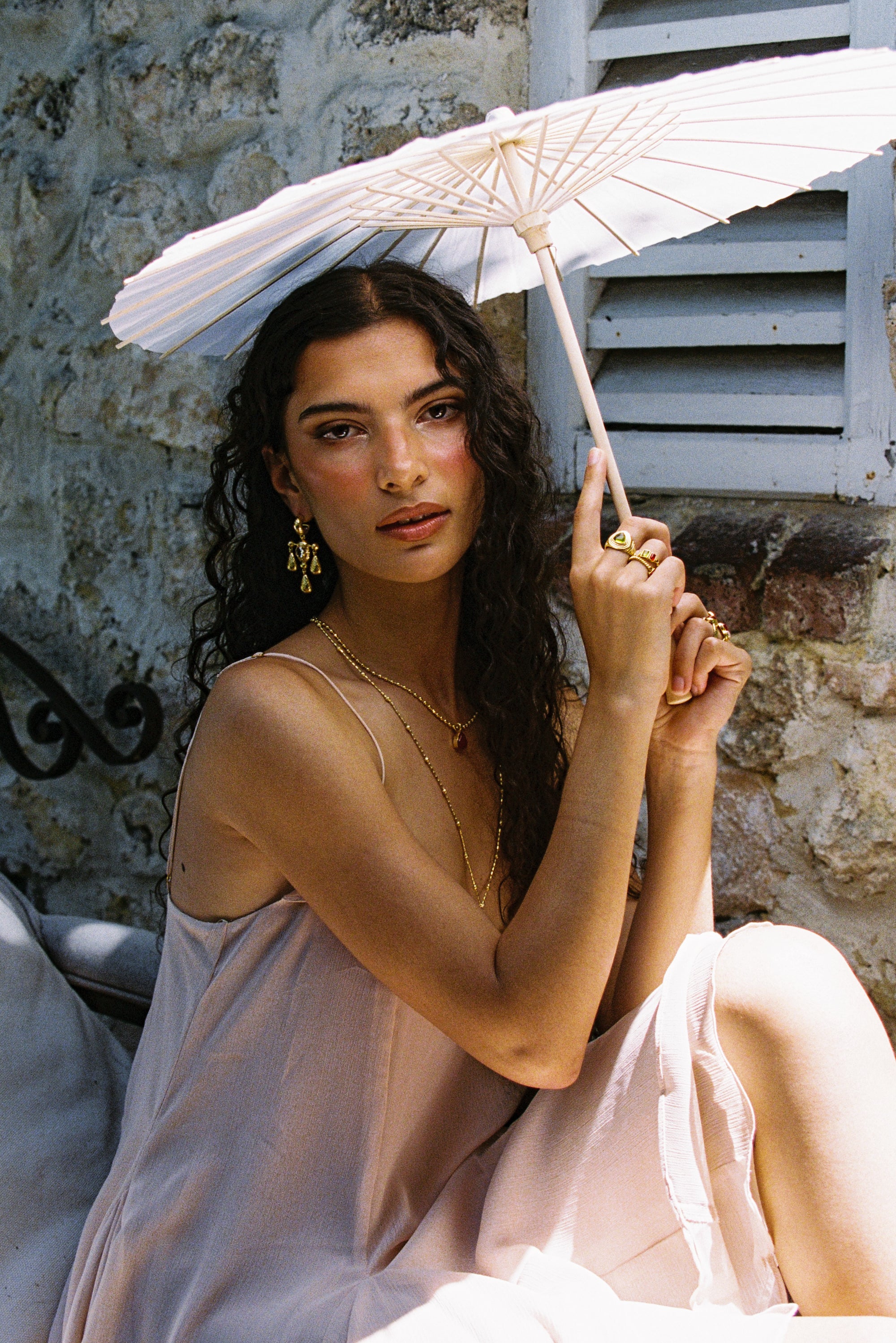 Crystal Quartz gold chandelier drop earrings from the Chateau Soleil collection by Mountain & Moon — Fleur