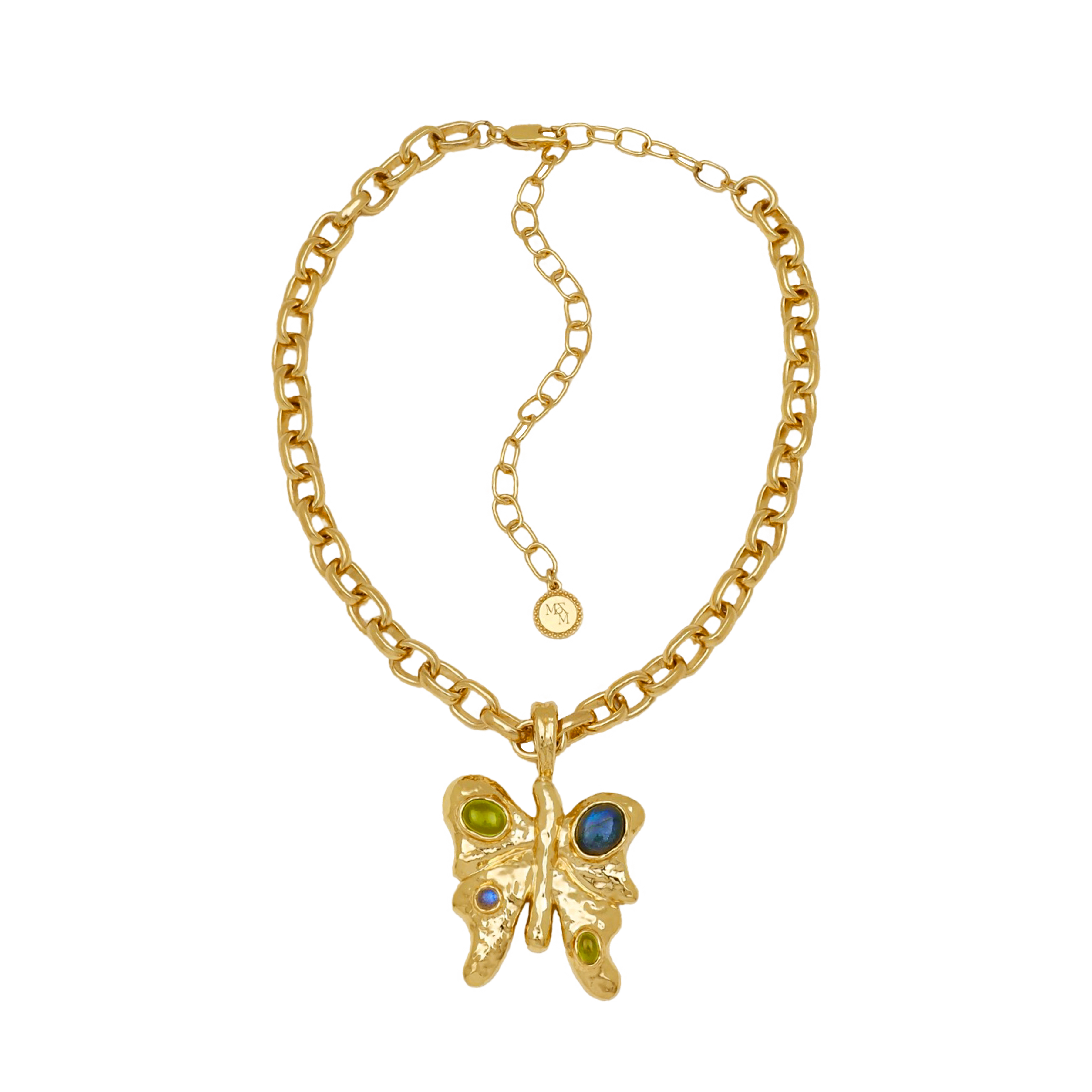Rue gold butterfly pendant necklace with Glass Peridot and Labradorite — Mountain & Moon Chateau Soleil collection