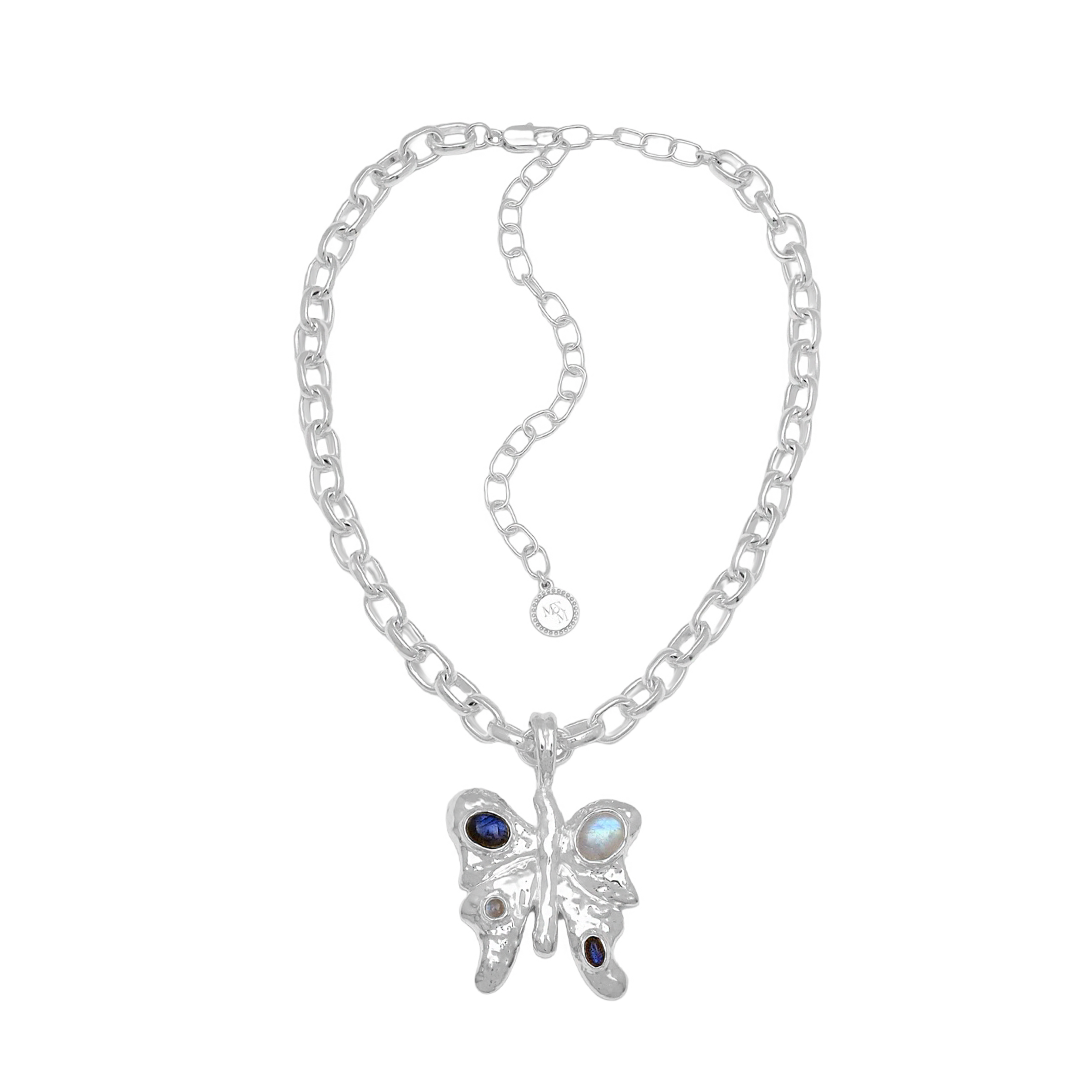 Rue silver butterfly pendant necklace with Rainbow Moonstone and Labradorite — Mountain & Moon Chateau Soleil collection